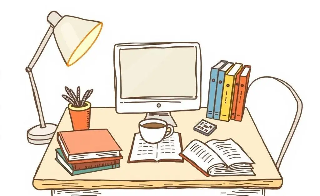 Cozy study session with coffee, books, and a computer.