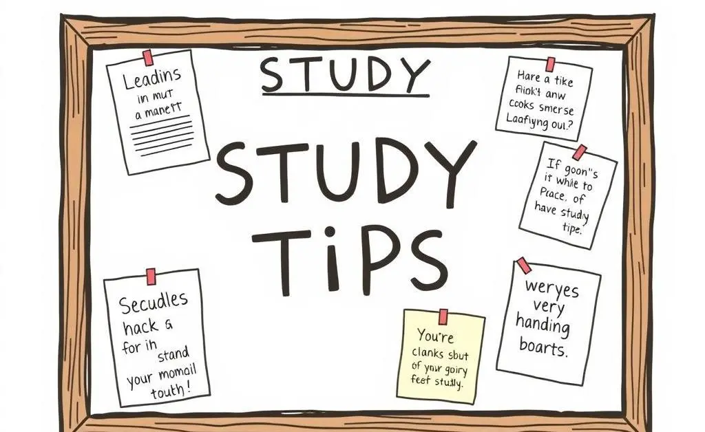 A hand-drawn image of a bulletin board with pinned study tips and motivational quotes