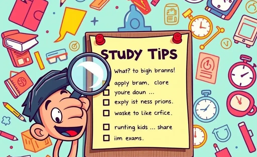 Cartoon-styled checklist of study tips.