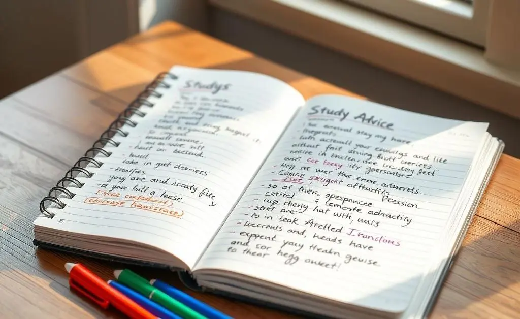 A notebook open on a table with study tips scribbled inside, surrounded by colorful pens.