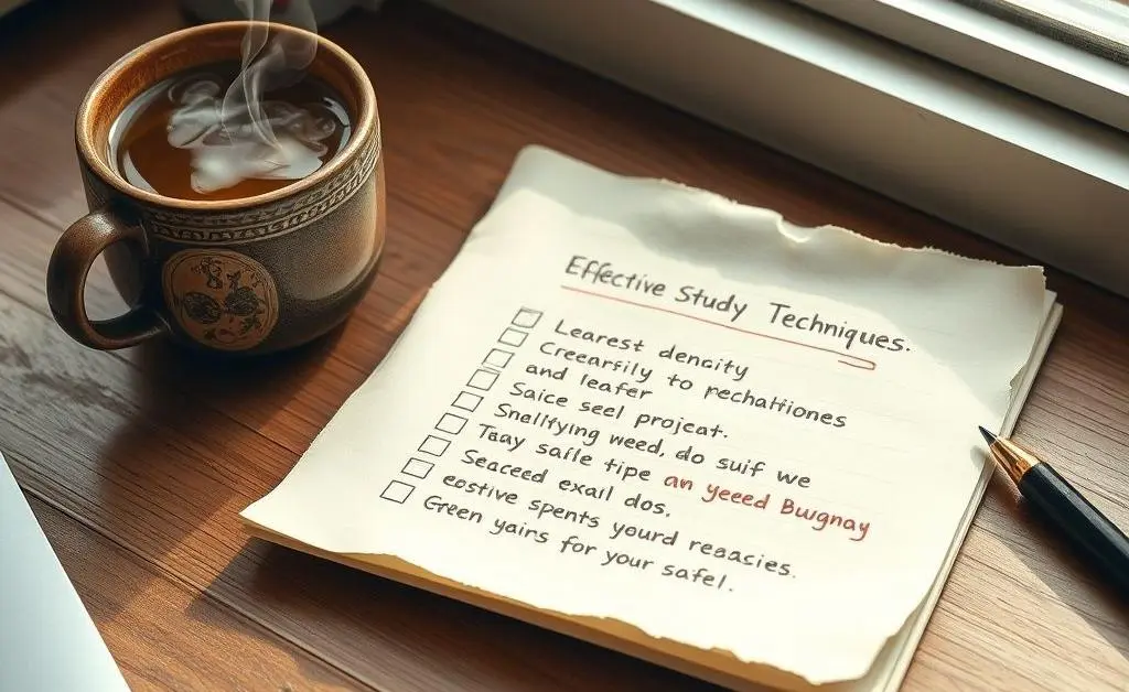 Checklist with study tips and a cup of tea beside it.