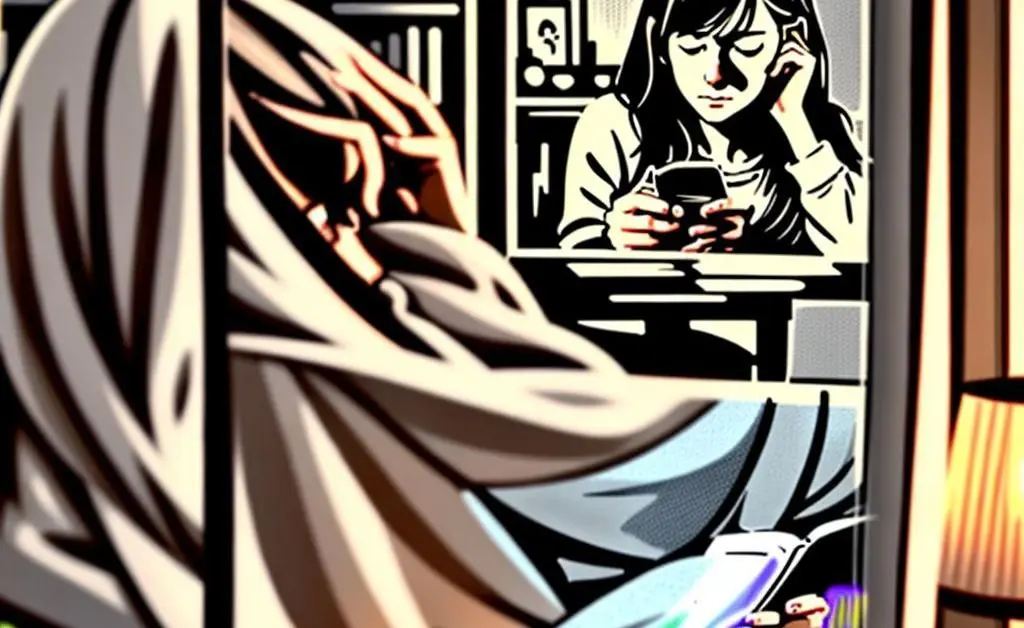 A hand-drawn aesthetic depicting someone glancing at their phone with a smile, indicating a text exchange.