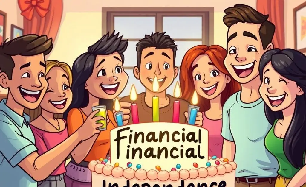 Cartoon of a small group of people celebrating with a cake labeled 'Financial Independence'.
