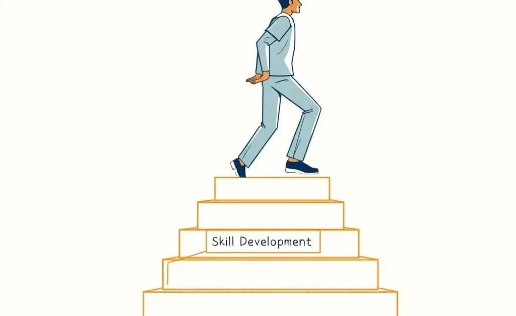 A clean, modern drawing of a person climbing a set of stairs labeled with milestones such as 'Skill Development', 'Networking', and 'Career Growth'.