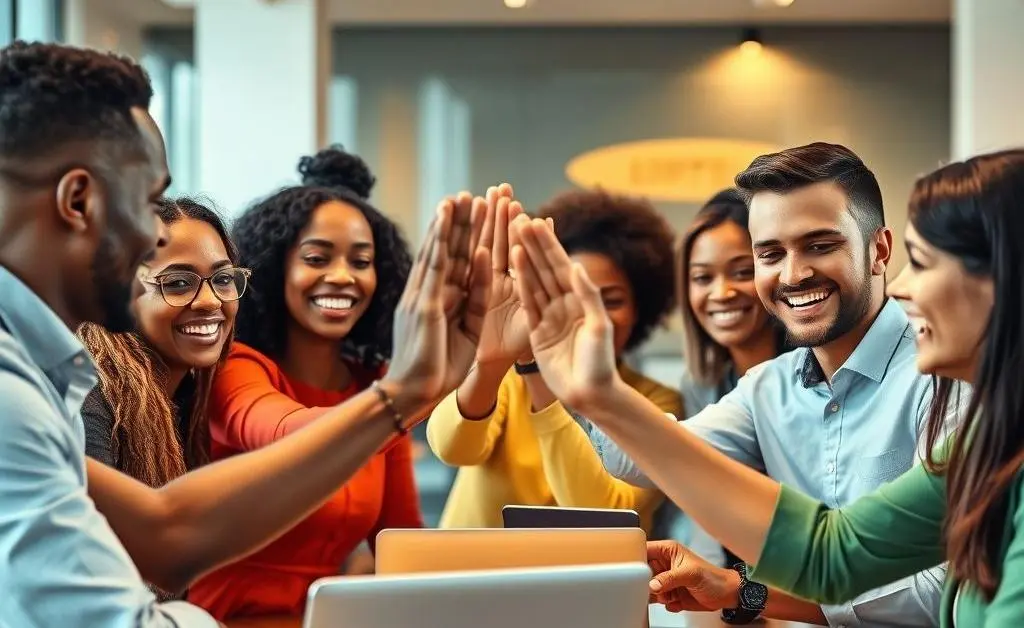 A group of people celebrating remote work success with virtual high-fives.