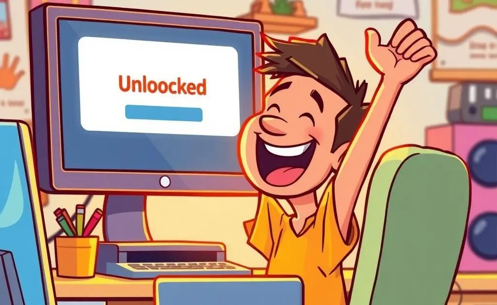 A cartoon-style image depicting a jubilant person in front of a computer screen with an 'unlocked' notification.