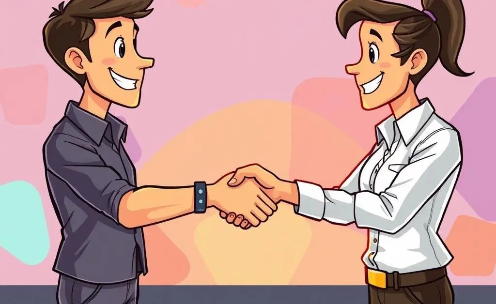 A cartoon illustration of a successful negotiation resulting in a handshake over an insurance contract.