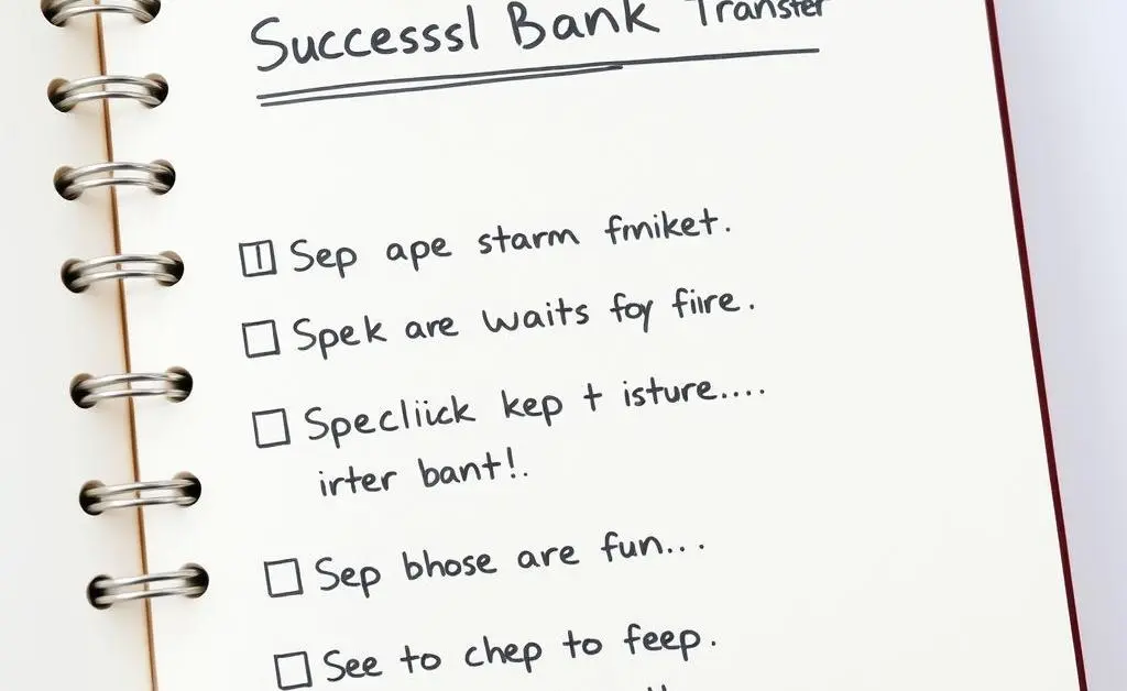 Notebook with steps for a successful bank transfer.