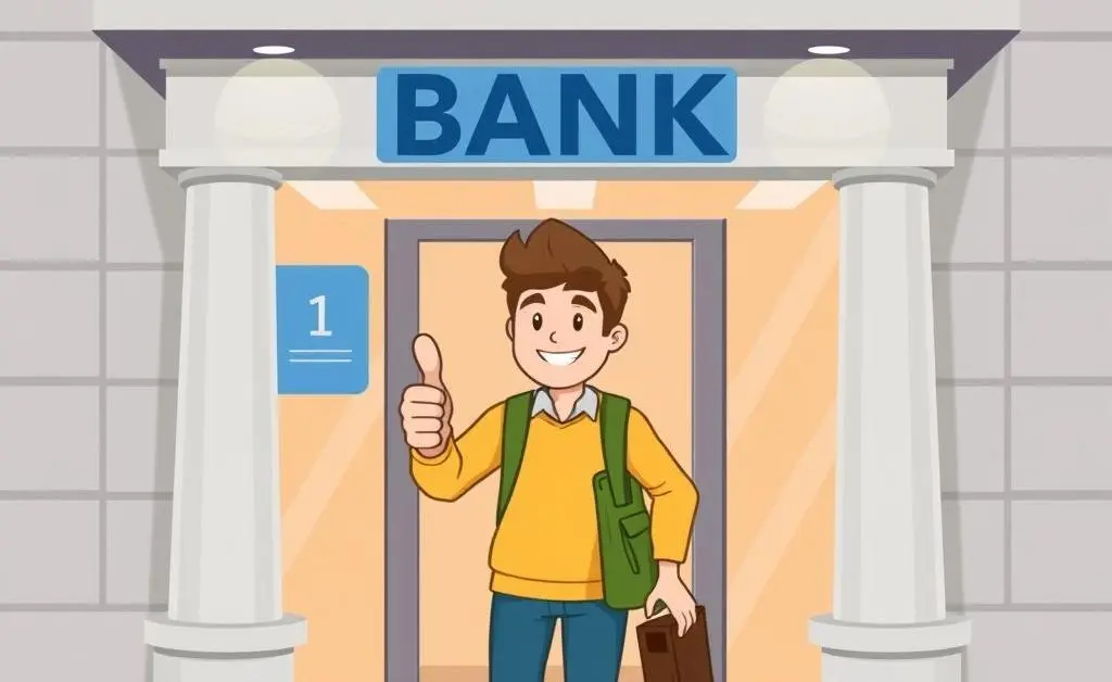 A satisfied customer leaving a bank with a thumbs up.