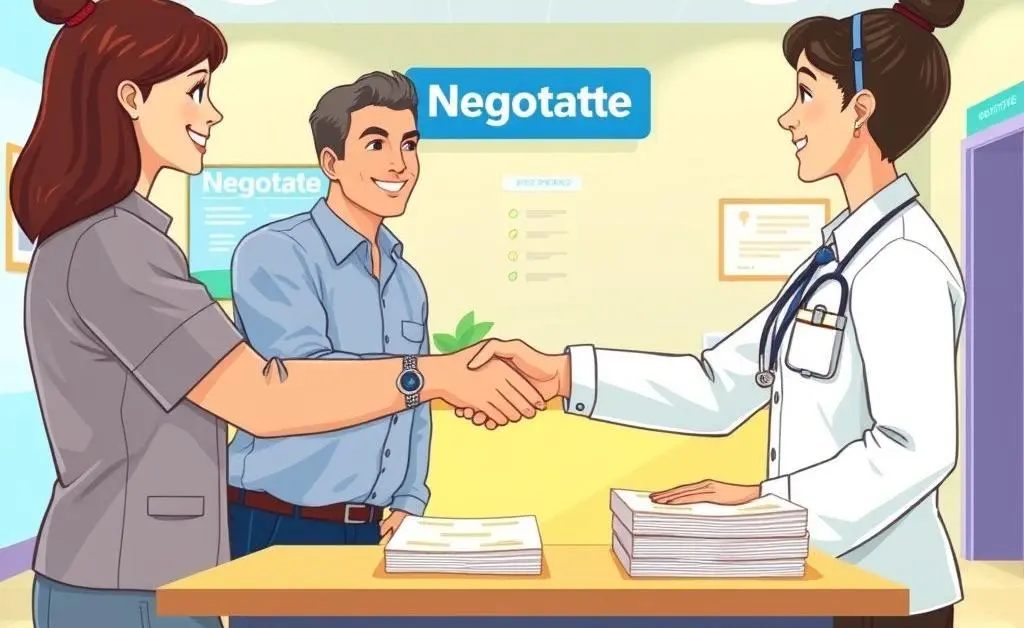 Person shaking hands with a hospital representative over bills titled 'Negotiated'
