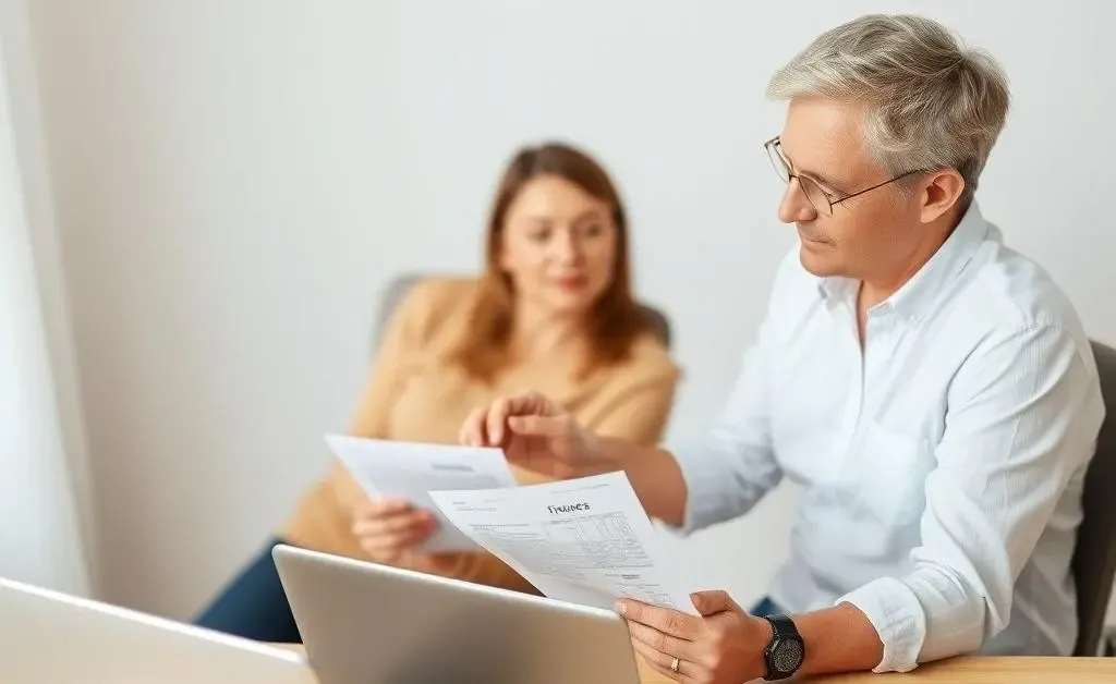A minimalist image showing a couple planning their finances with medical documents and a laptop on a desk.