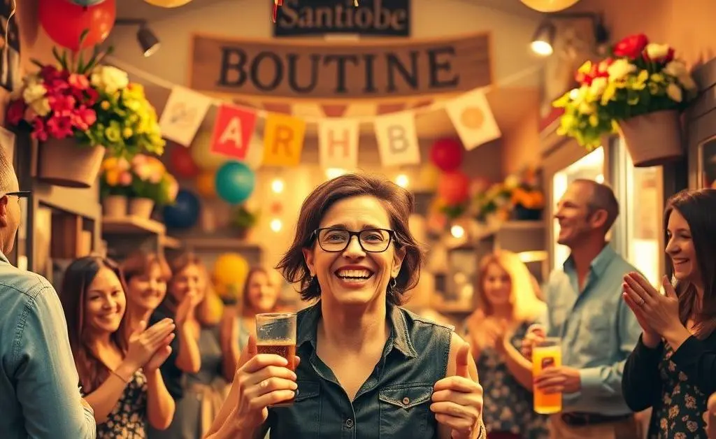 Celebration of a new shop opening by a business owner.