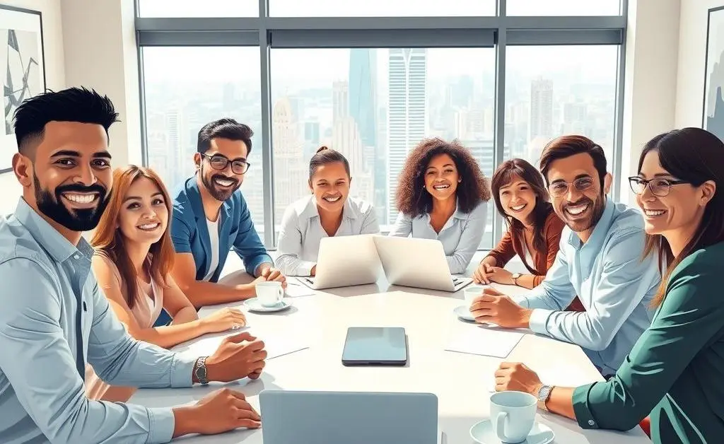 Illustration of a happy, successful business meeting with people smiling and papers on the table.