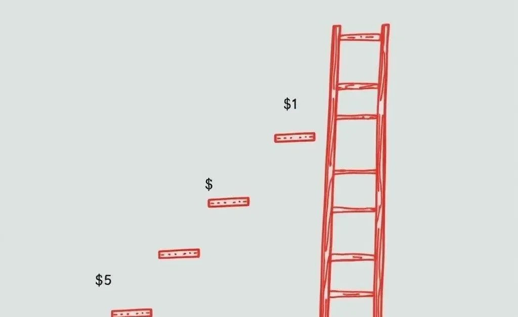 A hand-drawn style illustration of a career ladder with various financial milestones marked.