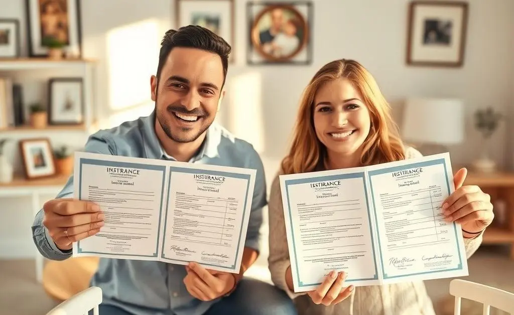 A joyful family celebrating with approved insurance forms for their newborn