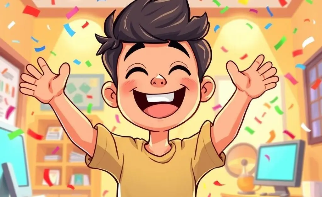 A cartoon-style image showing a person celebrating with confetti after successfully filing an insurance claim.