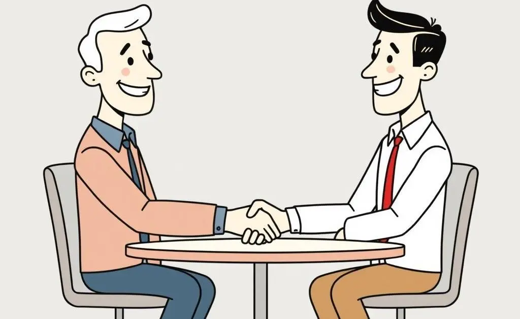 A successful client meeting with smiles and handshakes.