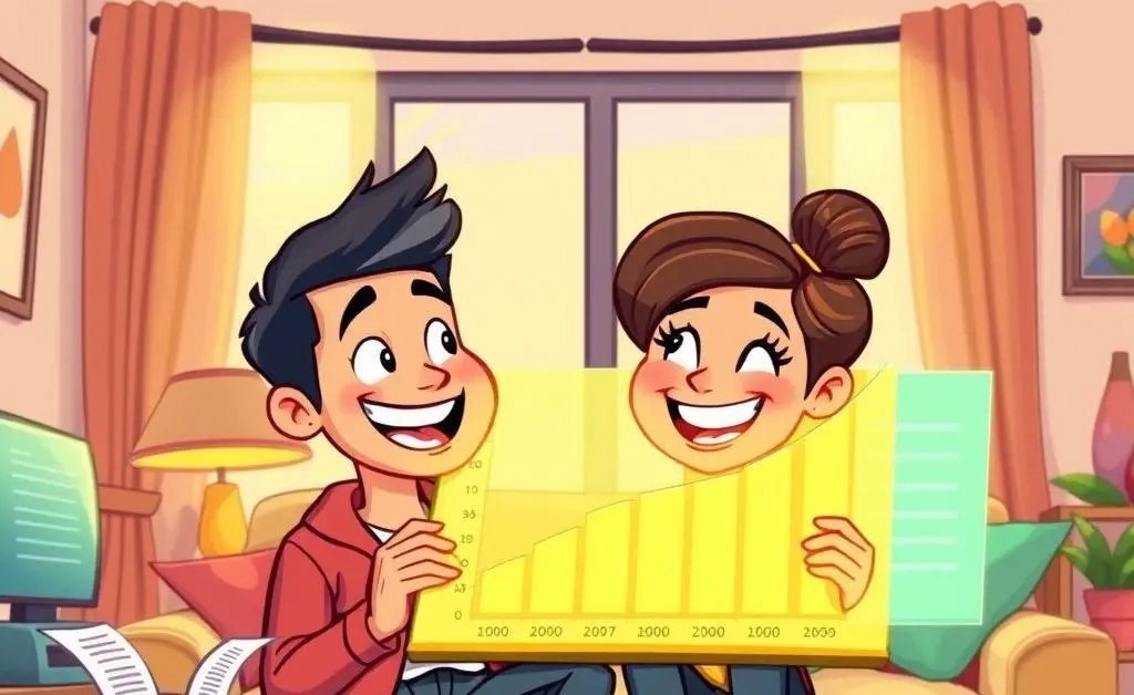 Happy couple reviewing their improved credit scores