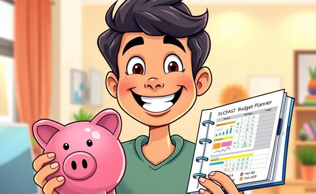 A cartoon-style depiction of a person smiling with a budget planner and piggy bank, symbolizing successful financial management.