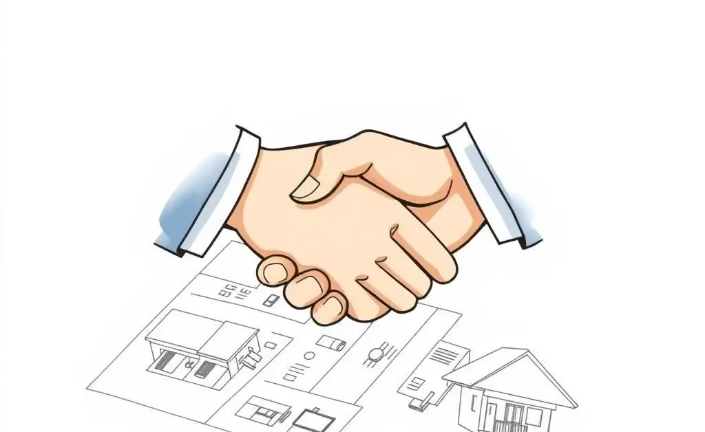 A handshake over a blueprint, symbolizing a successful real estate deal.