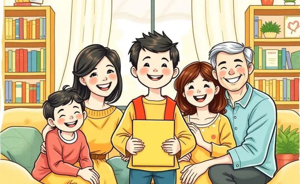 A happy family celebrating a child's academic success