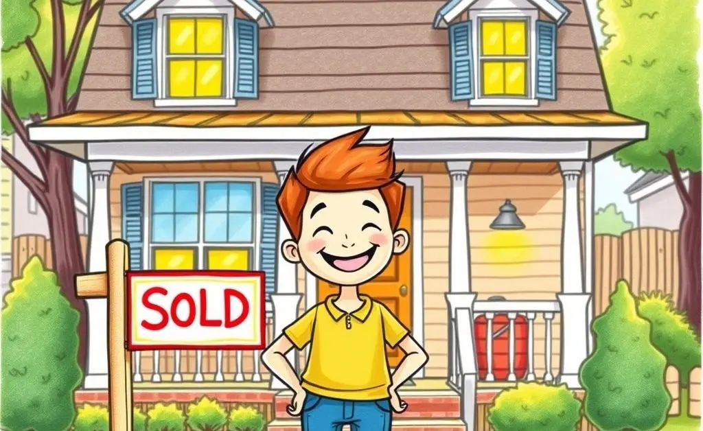 Happy person in front of a newly purchased house with a 'Sold' sign.