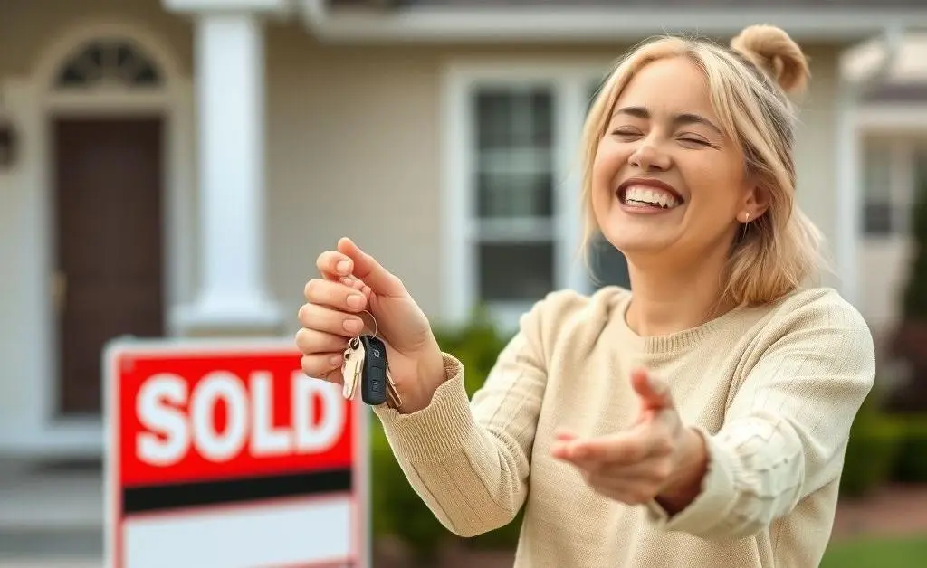 Person holding keys to a new house, next to a 'Sold' sign