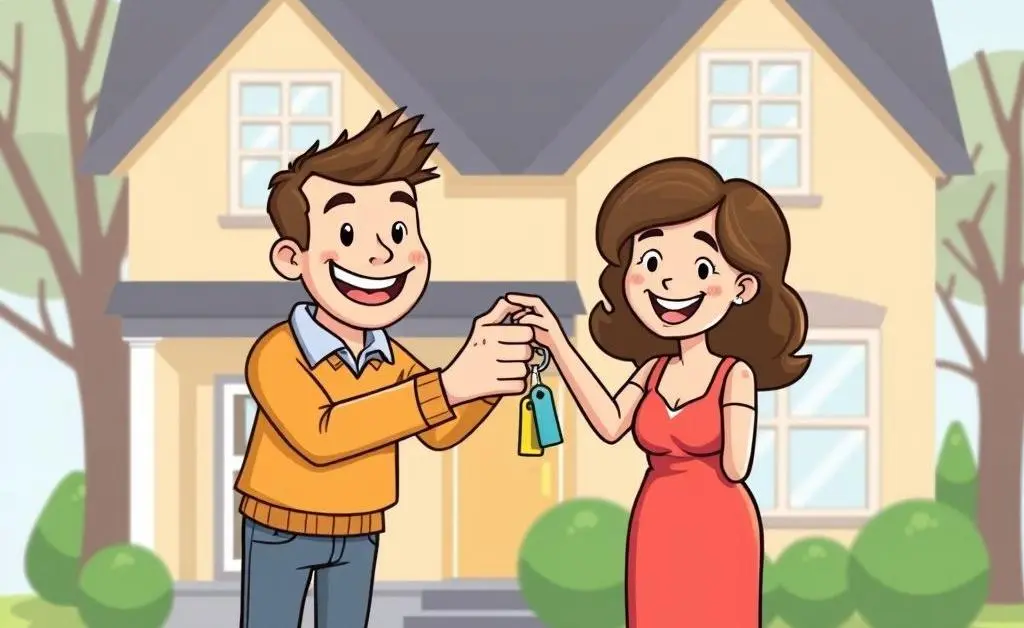 A cartoon of a happy couple receiving keys to their new home after a successful buy.