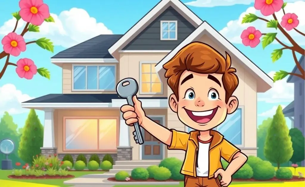 Cartoon depiction of a happy new homeowner celebrating with a key in front of a new house.