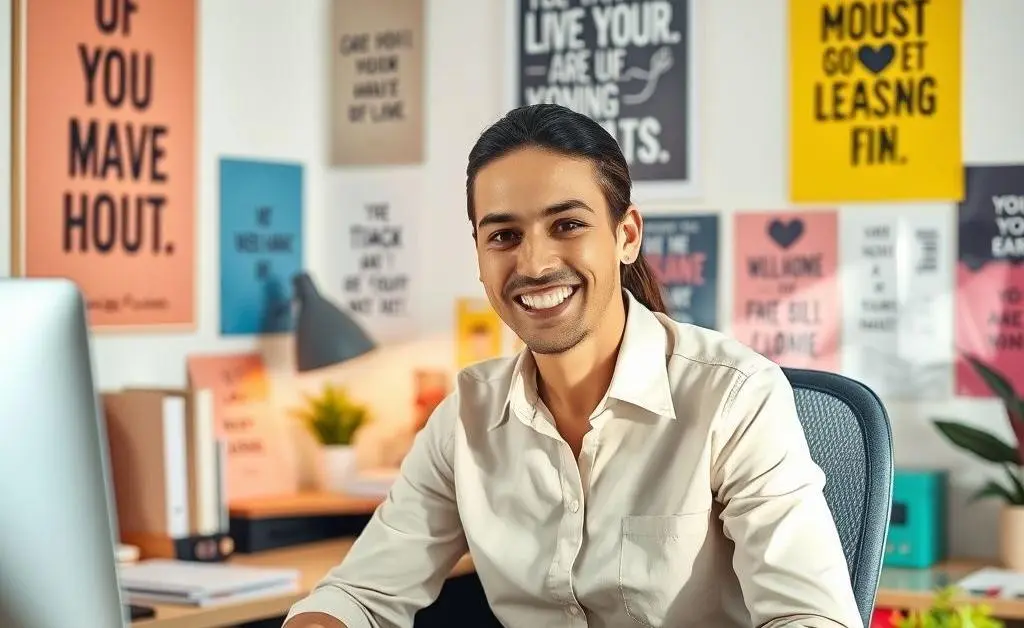 A confident insurance agent happily working at their desk with motivational decor.