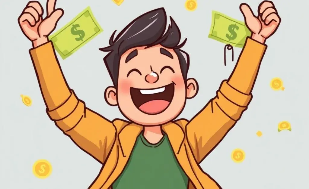 A cartoon representation of a joyful person celebrating successful stock investments.