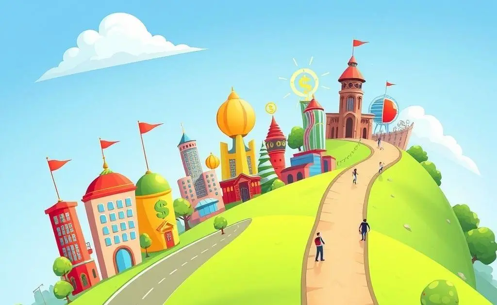 A pathway with landmarks showing a successful investment journey