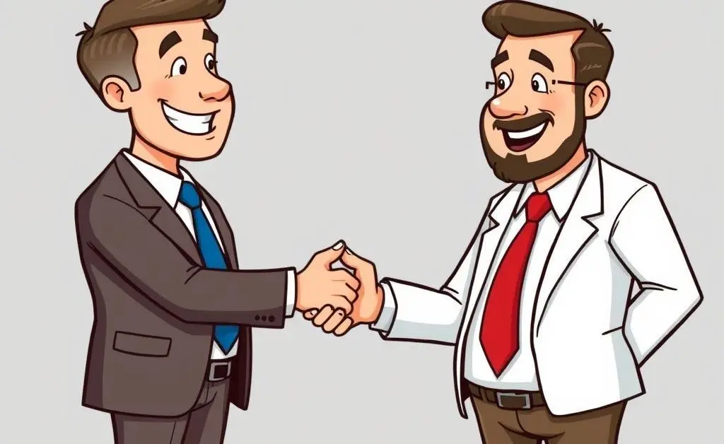 Depiction of a happy investor shaking hands with a lawyer.
