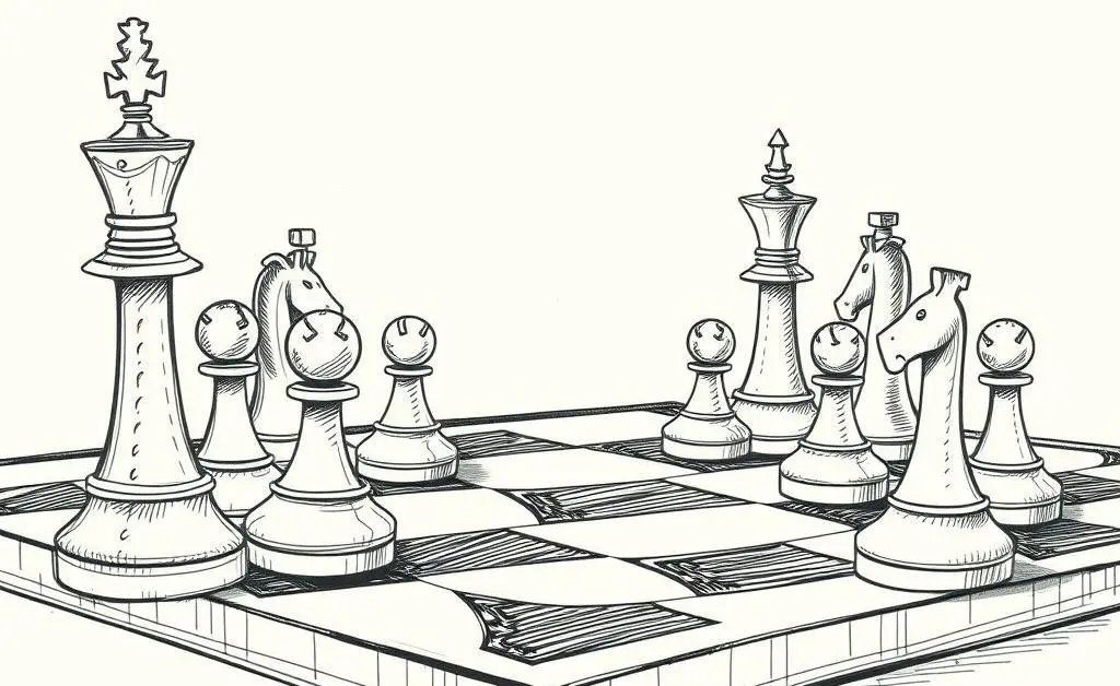 A hand-drawn image of a chessboard with pieces strategically positioned, representing investment strategies.