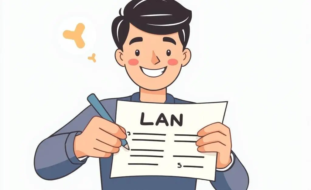 An illustration of a person happily signing a loan agreement document, representing a successful loan completion