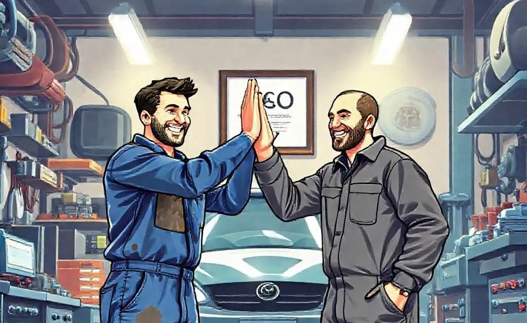 Illustration of two mechanics high-fiving in a workshop with a visible E&O certificate on the wall.