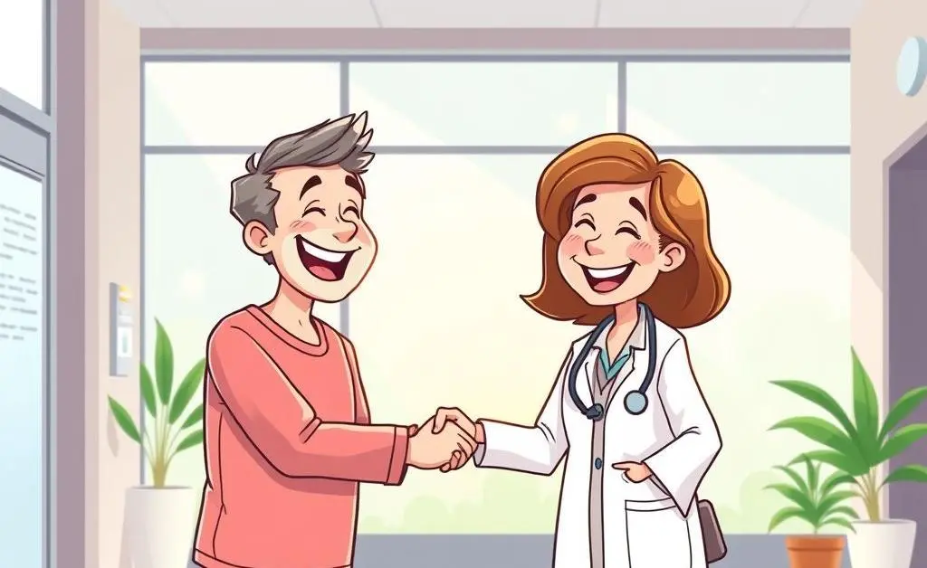 Happy patient shaking hands with a hospital administrator.