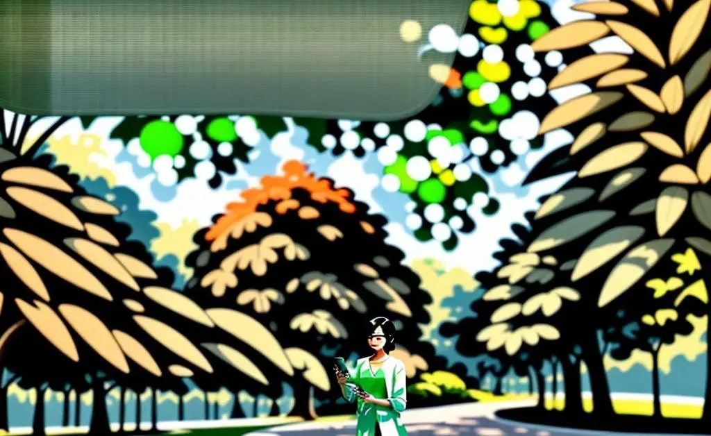 A modern minimalist image of a person celebrating successful trading on a smartphone while in a park.