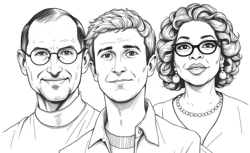 Illustration of famous personalities such as Steve Jobs, Mark Zuckerberg, and Oprah Winfrey in a hand-drawn style.