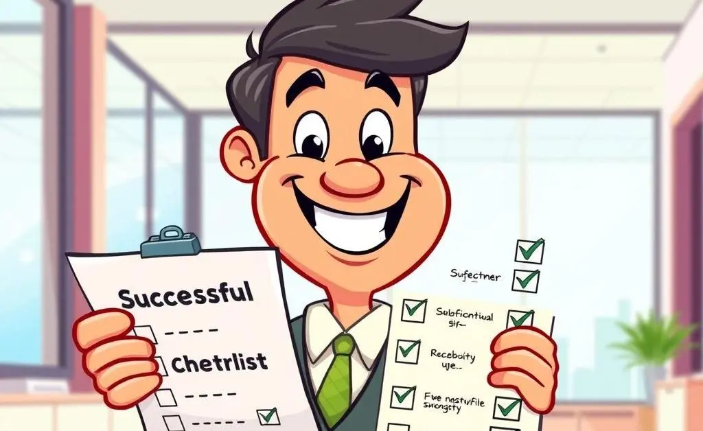 A cartoon-style image of a happy investor checking off a list labeled 'Successful Investment Criteria.'