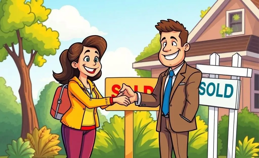 A cartoon handshake between a client and a real estate agent in front of a 'Sold' sign
