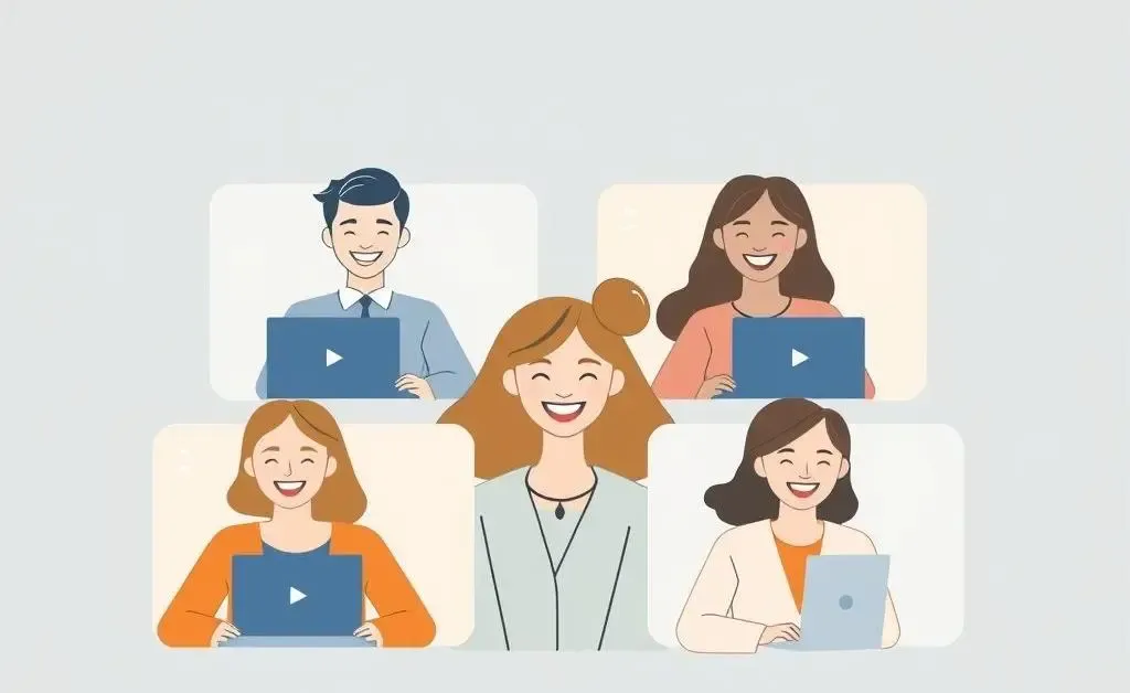 Minimalist image showing happy global team members collaborating online
