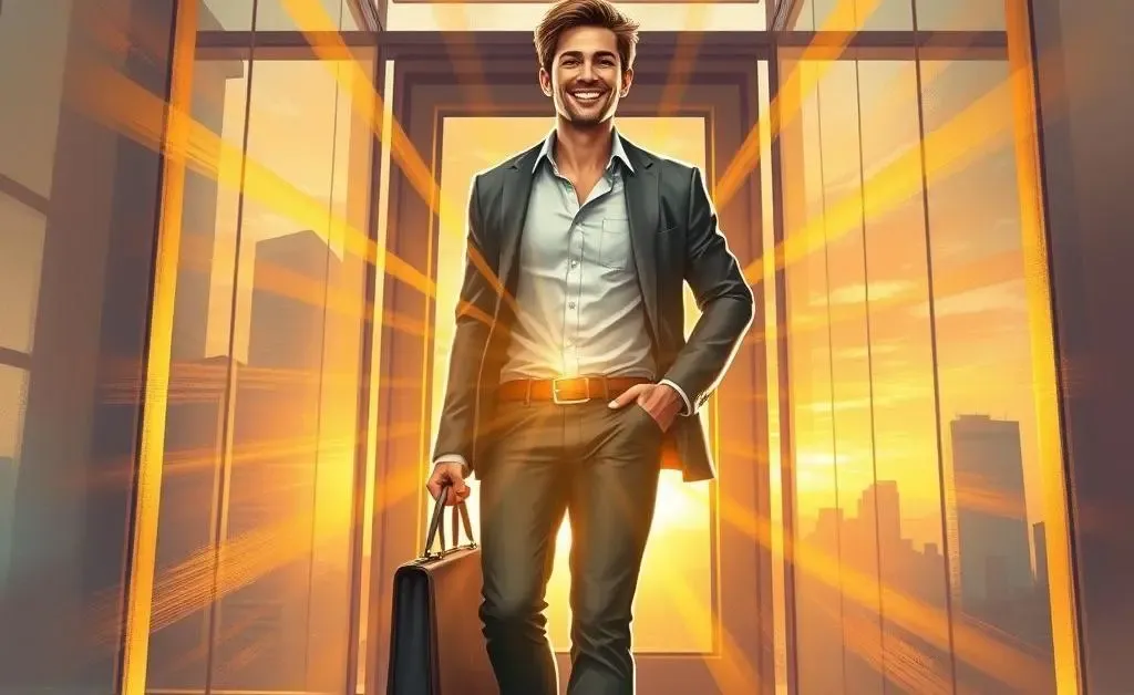 Person confidently leaving office after resolving issues.