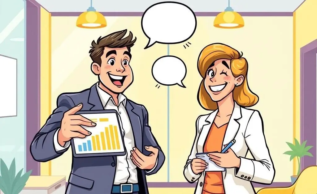 Cartoon-style image depicting a successful sales conversation between an agent and a client.
