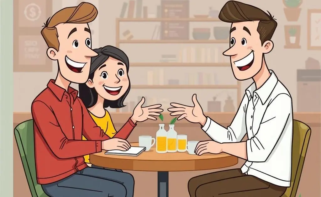 Two people discussing financial strategies happily in a café