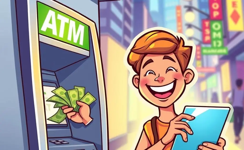 A cartoon-style depiction of someone happily withdrawing funds from an ATM or using online banking.