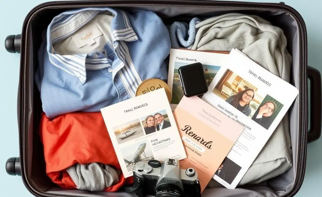 A suitcase filled with travel essentials and rewards documents