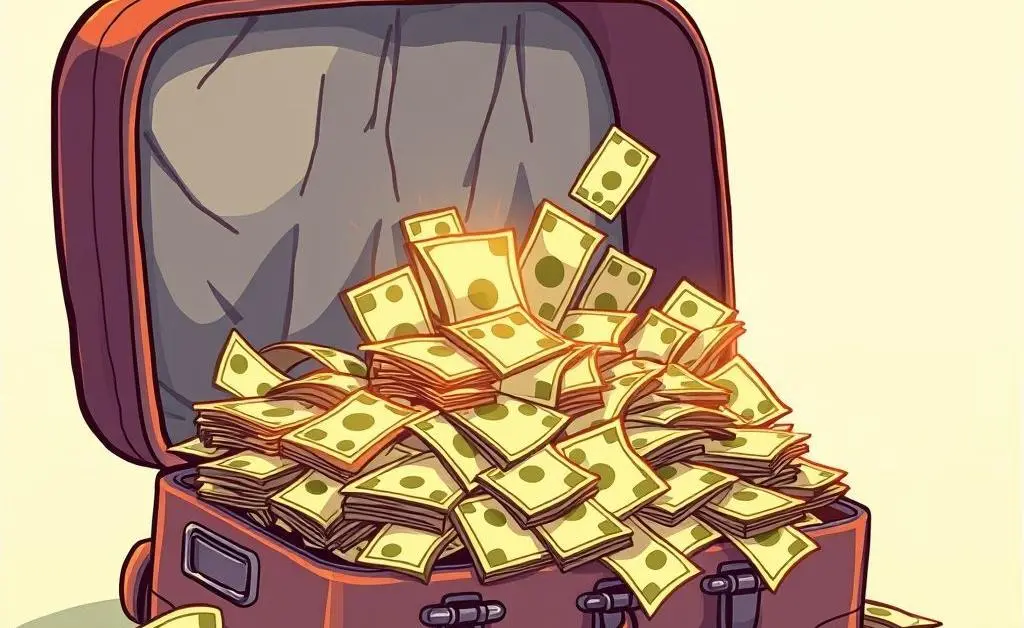 An open suitcase overflowing with money and documents.