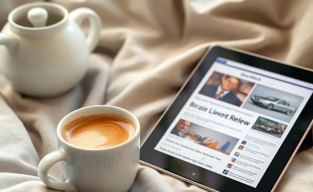 A relaxed Sunday morning scene with coffee and a tablet displaying investment news.
