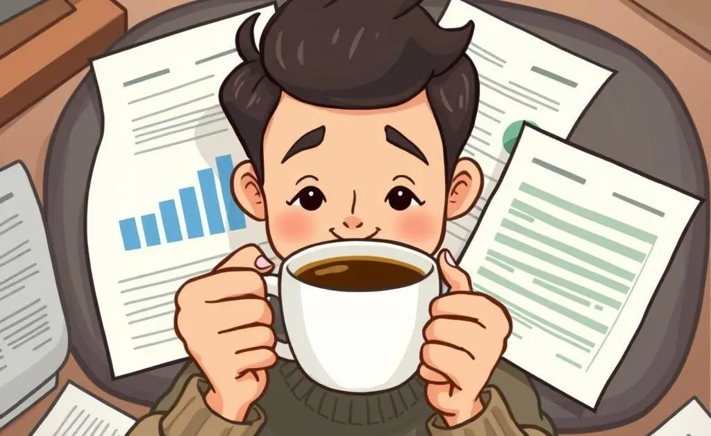 A cartoon-style cozy setup with a person holding a coffee cup, surrounded by financial documents
